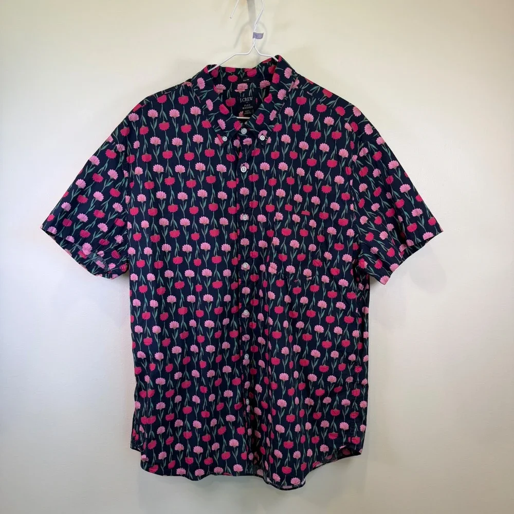 J. Crew Mens Flex Washed Slim Fit Short Sleeve Floral Button Down Shirt XXL Navy